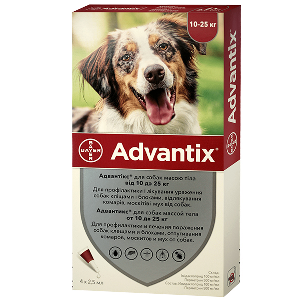 Bayer Advantix БАЙЕР Адвантікс краплі від бліх, кліщів, вошей для собак 10-25 кг, піпетка 2,5 мл