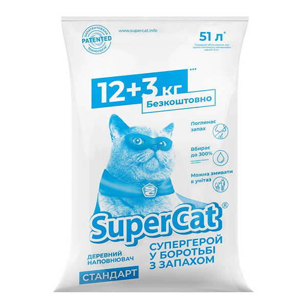 SuperCat СТАНДАРТ деревний поглинальний наповнювач для котячого туалету