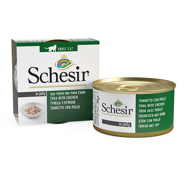 Schesir Tuna Chicken ШЕЗІР ТУНЕЦЬ З КУРЯЧИМ ФІЛЕ в желе натуральні консерви для котів, вологий корм, банка 85г