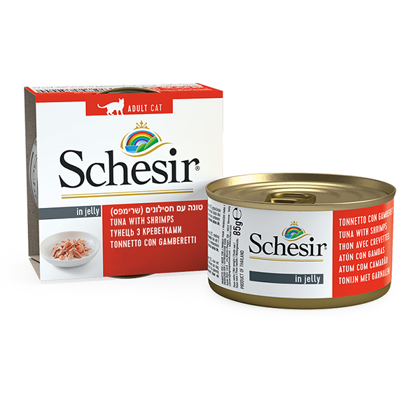 Schesir Tuna with Shrimps ШЕЗІР ТУНЕЦЬ З КРЕВЕТКАМИ в желе натуральні консерви для котів, вологий корм, банка 85г