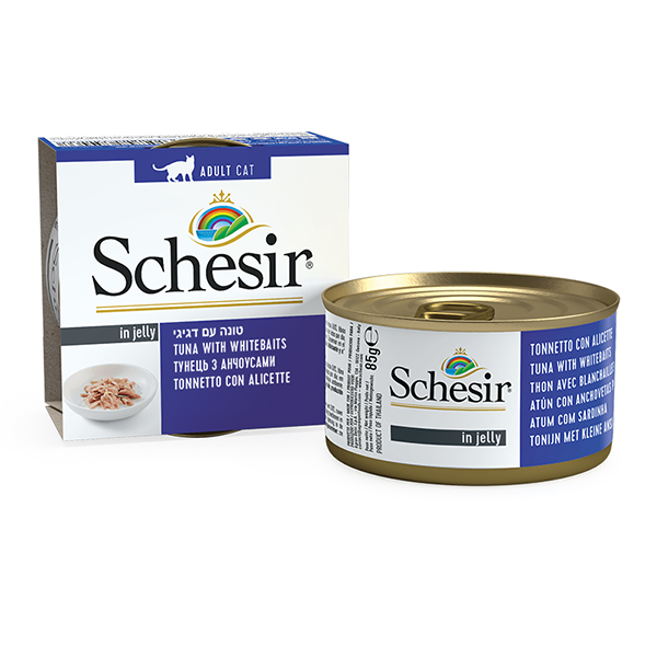 Schesir Tuna Whitebaits ШЕЗІР ТУНЕЦЬ З АНЧОУСАМИ в желе натуральні консерви для котів, вологий корм, банка 85г