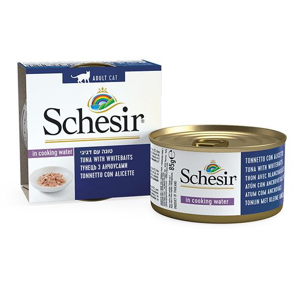 Schesir Tuna with Whitebaits ШЕЗІР ТУНЕЦЬ З АНЧОУСАМИ та рисом в бульйоні натуральні консерви для котів, вологий корм, банка 85г