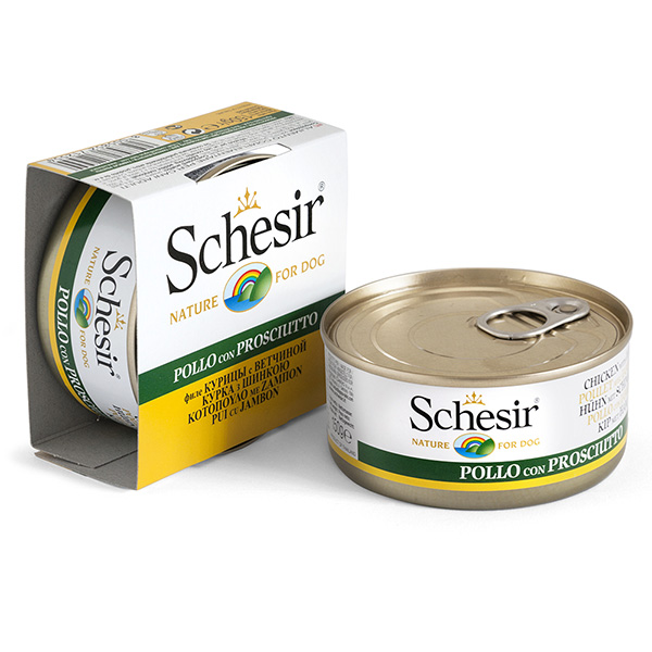 Schesir Chicken with Ham ШЕЗІР КУРЯЧЕ ФІЛЕ З ШИНКОЮ в желе натуральні консерви для собак, вологий корм, банка 150г