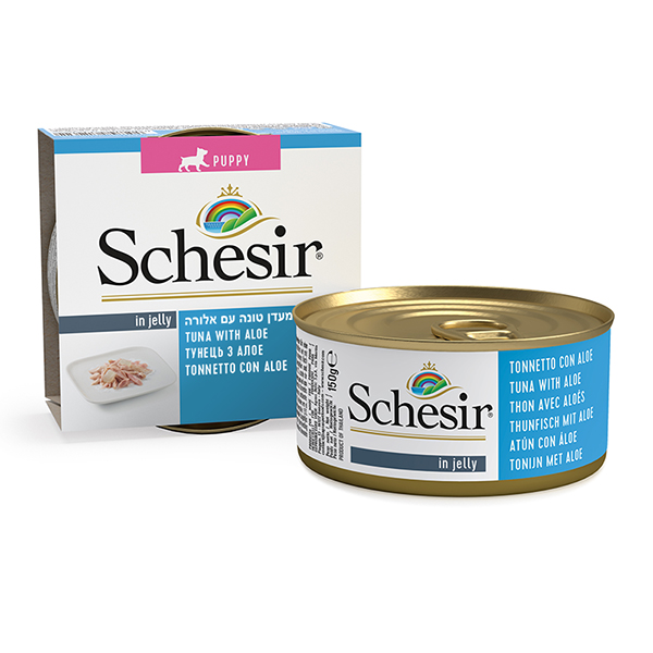 Schesir Tuna Aloe Puppy ШЕЗІР ТУНЕЦЬ З АЛОЕ в желе натуральні консерви для цуценят, вологий корм, банка 150г