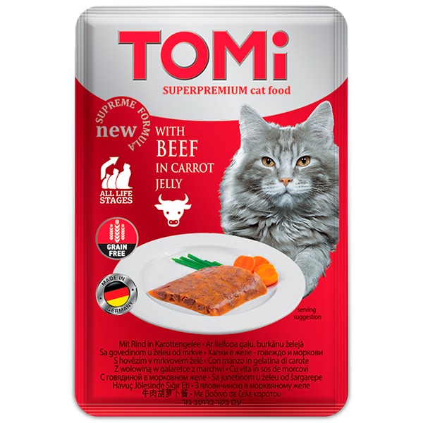 TOMi Beef in Carrot Jelly ТОМІ ЯЛОВИЧИНА В МОРКВЯНОМУ ЖЕЛЕ консерви для котів, вологий корм, пауч 100г