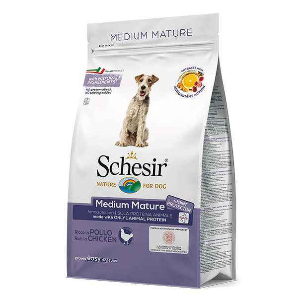 Schesir Dog Medium Mature ШЕЗІР ЛІТНІХ СЕРЕДНІХ КУРКА сухий монопротеїновий корм для літніх або малоактивних собак середніх порід