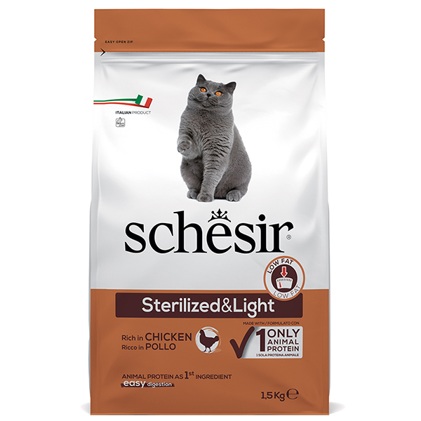 Schesir Cat Sterilized & Light ШЕЗІР СТЕРИЛІЗОВАНІ ЛАЙТ КУРКА сухий монопротеїновий корм для стерилізованих котів, для котів схильних до повноти