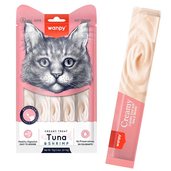 Wanpy ТУНЕЦЬ З КРЕВЕТКАМИ (Creamy Treat Tuna&Shrimp) рідкі ласощі для котів , 0.07 кг., в пакунку 5 стіків по 14 г см.