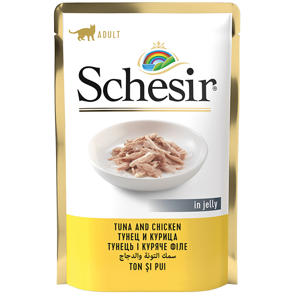Schesir Tuna and Chicken ШЕЗІР ТУНЕЦЬ З КУРЯЧИМ ФІЛЕ в желе натуральні консерви для котів, вологий корм, пауч 85г