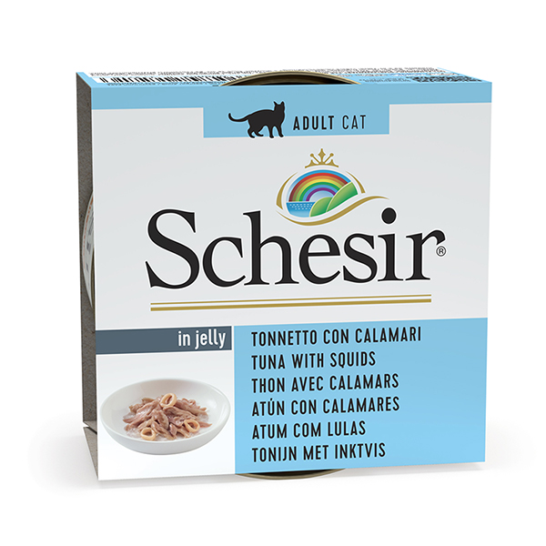 Schesir Tuna with Squid ШЕЗІР ТУНЕЦЬ З КАЛЬМАРОМ в желе натуральні консерви для котів, вологий корм, банка 85г