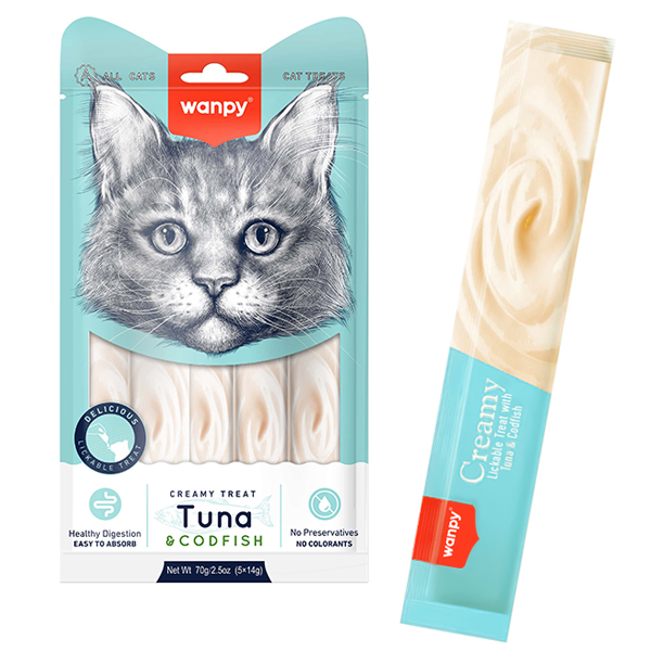 Wanpy Creamy Lickable Treats Tuna & Codfish ВАНПІ ТУНЕЦЬ З ТРІСКОЮ рідкі ласощі для котів, 0.07 кг, у пакеті 5 стіків по 14 г