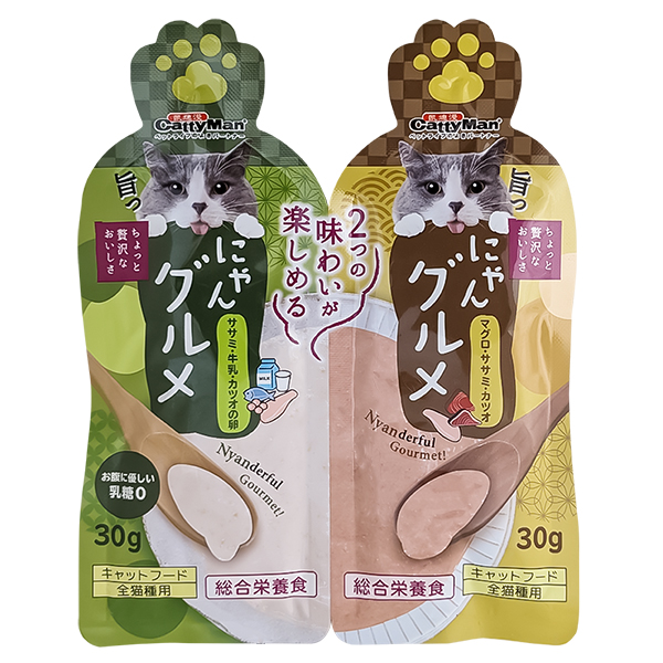 CattyMan Complete Twins Pouch КЕТТІМЕН ДВА СМАКИ: КУРКА МОЛОКО ІКРА ТА ТУНЕЦЬ КУРКА МАКРЕЛЬ крем-пюре, рідкий корм для котів