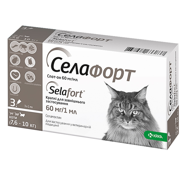 KRKA Selafort СЕЛАФОРТ краплі від бліх, кліщів, глистів для котів 7.6-10кг
