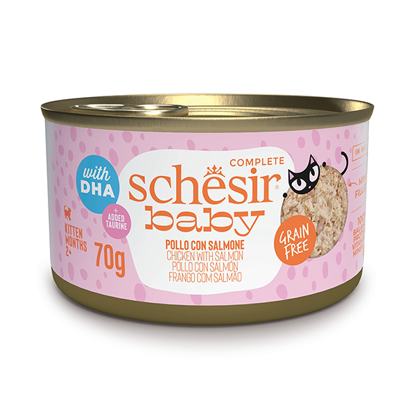 Schesir Ваву Chicken With Salmon ШЕЗІР КУРКА З ЛОСОСЕМ в бульйоні натуральні консерви для кошенят, банка 70г