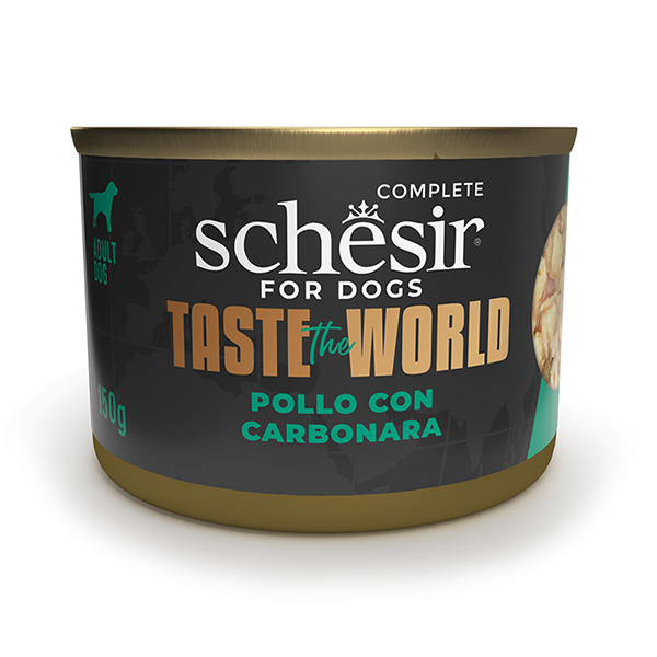 Schesir Taste the World Chicken with Carbonara ШЕЗІР КУРКА З КАРБОНАРОЮ в бульйоні натуральні консерви для собак, вологий корм, банка 150г