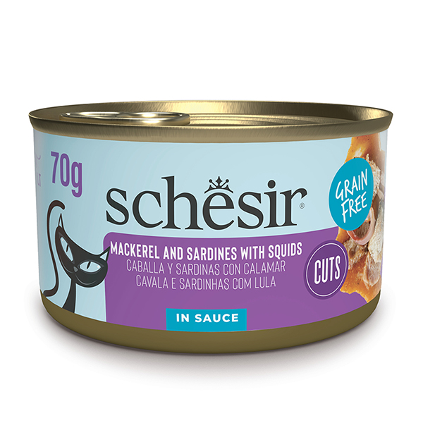 Schesir Grill Mackerel and Sardines with Squids ШЕЗІР МАКРЕЛЬ З САРДИНОЮ в соусі натуральні консерви беззерновий корм для котів, банка 70г