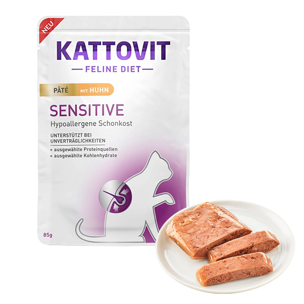 Kattovit Veterinary Sensitive Chicken Pate КАТТОВІТ СЕНСИТИВ КУРКА паштет повнораціонний беззерновий вологий лікувальний корм для котів із харчовою непереносимістю, пауч 85г