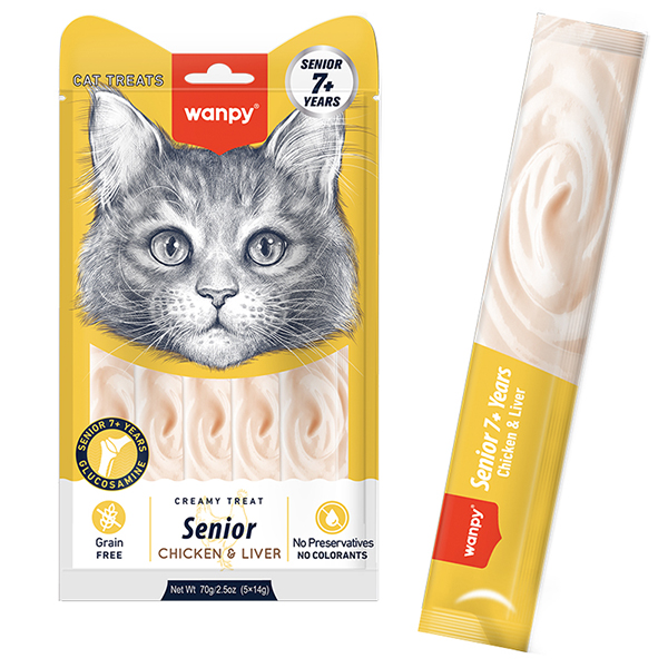 Wanpy Creamy Lickable Treats Senior Chicken & Liver ВАНПІ КУРКА З ПЕЧІНКОЮ ДЛЯ ЛІТНІХ КОТІВ рідкі ласощі з лактобактеріями та глюкозаміном, 14гх5од.