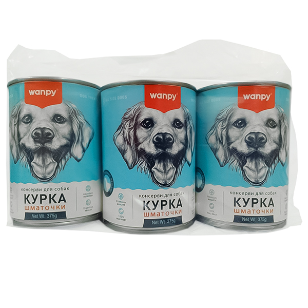 2+1 НАБІР Wanpy М’ЯСНИЙ БЕНКЕТ Шматочки Курка вологий корм консерви для собак, банка 3х375г